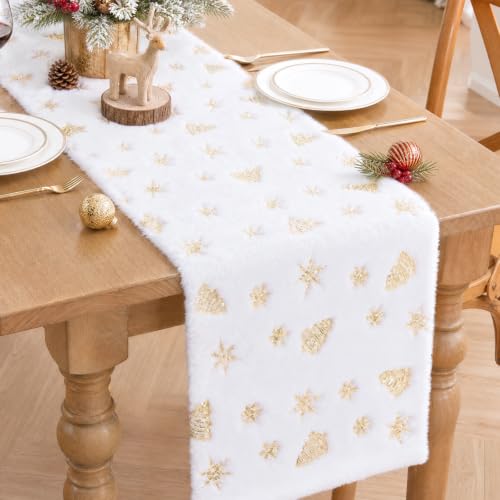 White Faux Fur Christmas Table Runner 72 Inch with Gold Sequin Snowflakes - Variation: White Gold / 13x72