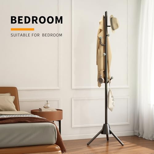 Heavy Duty Anti-Tip Coat Rack with 8LB Stable Weighted Base, [80LB Load Tested] Metal Standing Tree with 8 Hooks, 3-Height Adjustable Space Saving Clothes Organizer for Entryway, Bedroom, Office