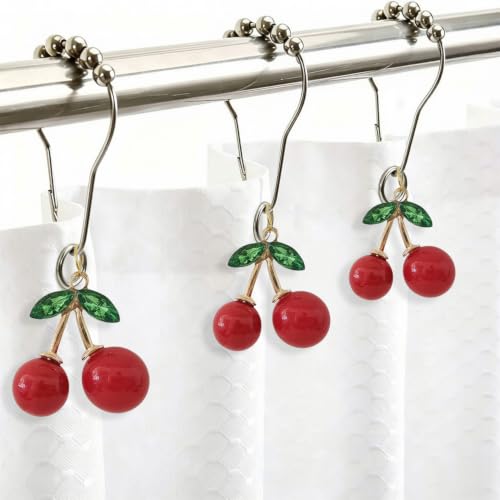 12 Pcs Cherry Shower Curtain Hooks with Resin Pendant Decor