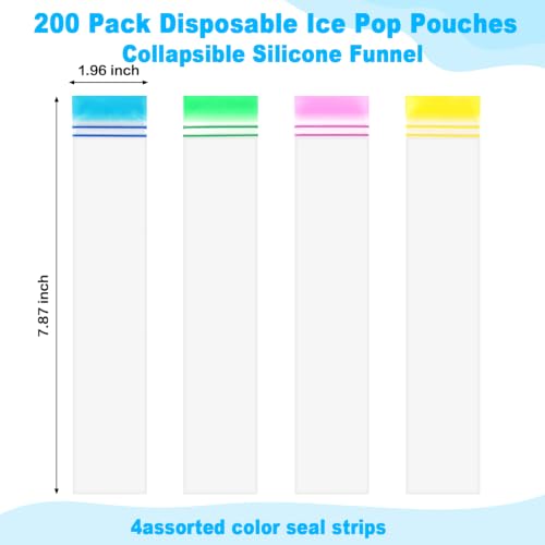 200 Pack Disposable Ice Pop Pouches with Funnel - BPA-Free Freezer Bags