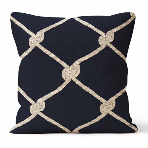 Nautical Rope Throw Pillow Cover 18x18, Maritime Navy Blue Cushion Case