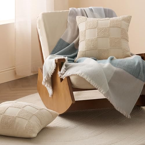 Double Stitch Checkered Throw Pillow Covers - 100% Cotton Tufted Boho Decorative Pillow Covers 20x20, Made in India, Square Plaid Cushion Case, Modern Home Decor for Couch, Sofa, Living Room, Oat
