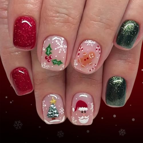 Christmas Press On Nails Short Square Fake Nails Winter Holiday Acrylic Nail Set