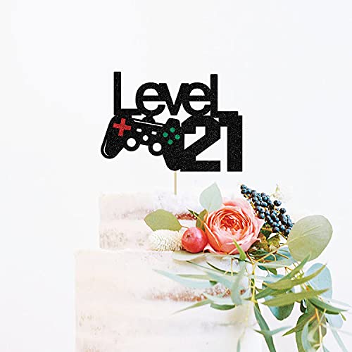 Level Up 21st Birthday Cake Topper - Black Glitter Decoration