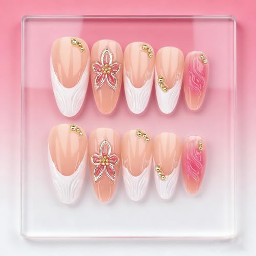 ZIFANHU Short Almond Press on Nails White French Tip with 3D Flower & Pearl