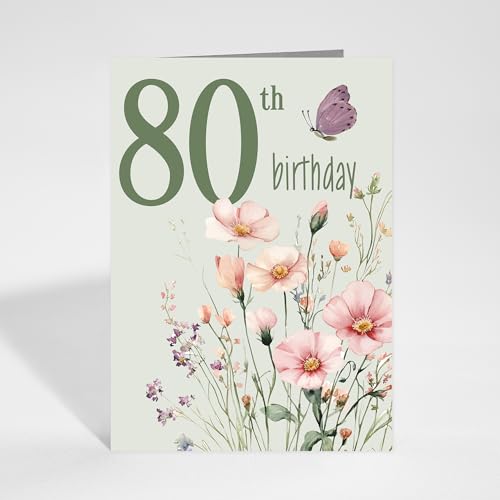 Red Door Inspirations 80th Happy Birthday Card - 80th Green Floral, Made in USA