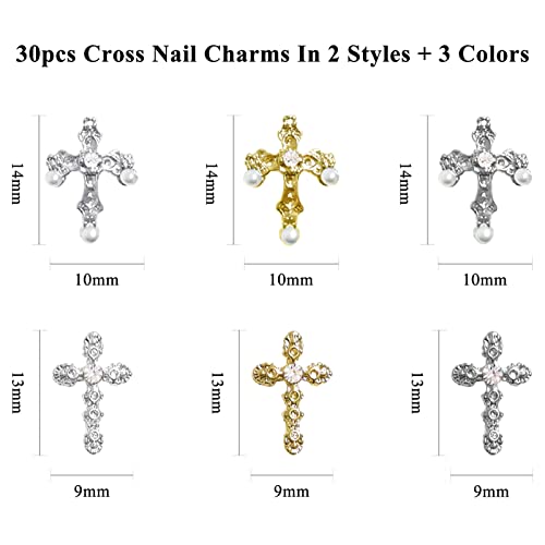 3D Cross Nail Charms Rhinestone Pearl Alloy Gems 30pcs DIY Nail Art Decor