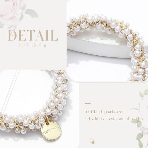 Pearl Beaded Hair Ties 3 Pack Elastic Scrunchies with Gold Charms