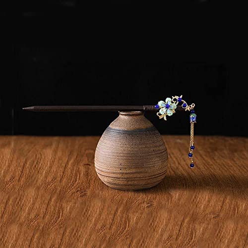 Blue Vintage Wooden Hair Stick with Tassel Flower Hairpin for Women