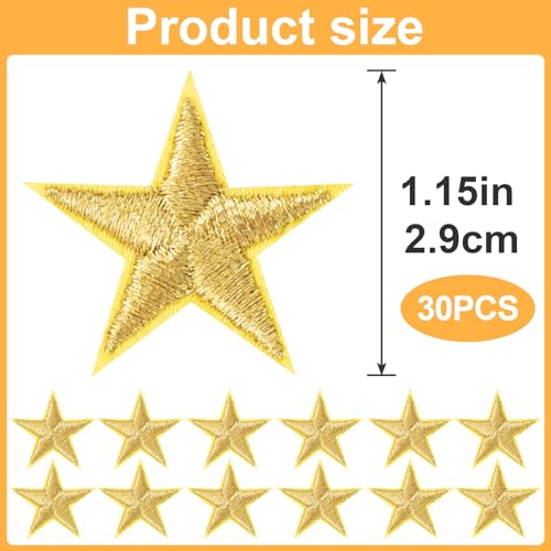 Winsyison 30pcs Gold Iron-On Star Patches 1.15in Embroidered Appliques
