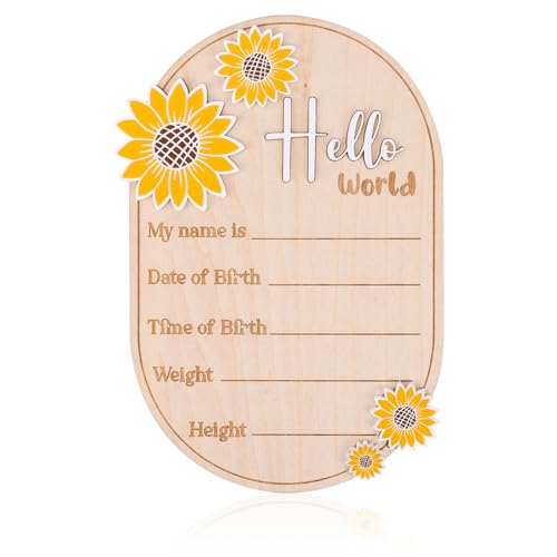 Newborn Announcement Sign with Sunflower Design - 5.9in Wooden Baby Name Board