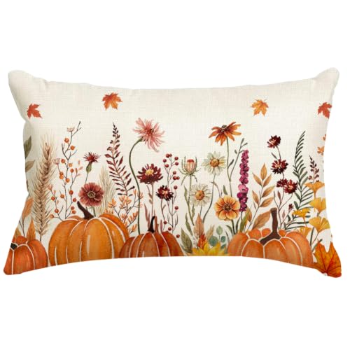 Floral Pumpkin Fall Pillow Cover 12x20 - Machine Washable