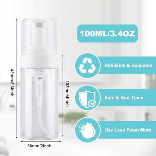 Erioctry 3-Pack 100ml Clear Plastic Foam Pump Bottles for Travel Soap