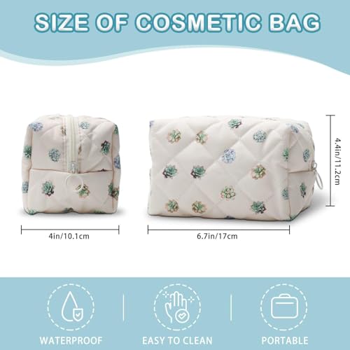Quilted Makeup Bag Cute Succulents Cotton Cosmetic Pouch Travel Organizer