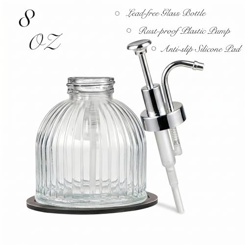 SheeChung 8oz Striped Glass Soap Dispenser with Silver Pump, Clear