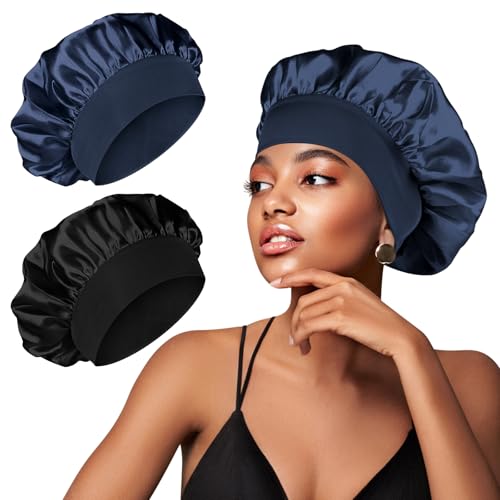 Meliya 2-Pack Satin Silk Sleep Bonnet for Curly Hair with Adjustable Band
