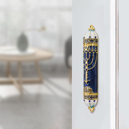 Blue Mezuzah with Scroll for Door - Zinc Alloy & Enamel, 5 x 0.86 in