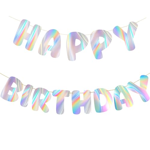 Elantales Holographic Rainbow Happy Birthday Banner Pre-Strung Sign