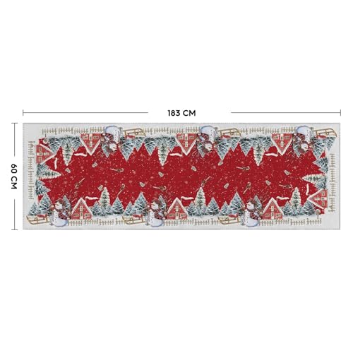 Red Snowman House Pine Tree Christmas Area Rug 2x6 ft - Non-Slip Washable Home Decor