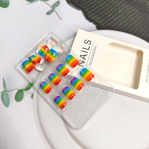 Rainbow Press on Nails Short Square Colorful Stripes Glossy Fake Nails 24Pcs