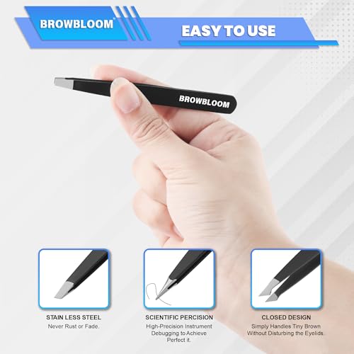 BROWBLOOM 4-Piece Stainless Steel Professional Eyebrow Tweezers Set with Pouch