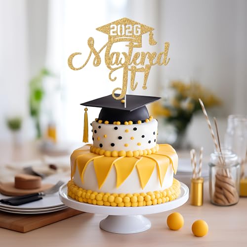 2026 Graduation Cake Topper - Happy Masters Degree Gold Glitter