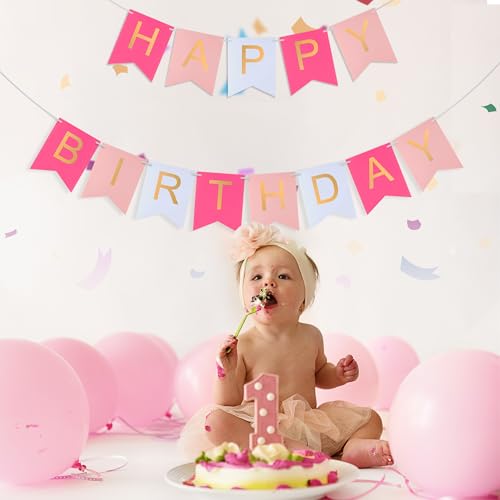 Pink Happy Birthday Banner with Gold Letters for Parties