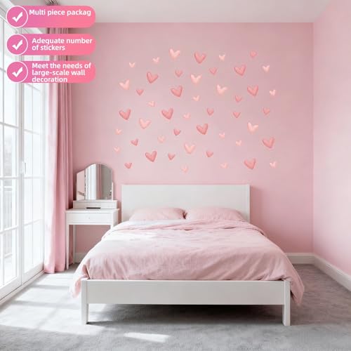60 Pcs Pink Heart Wall Decals - Repositionable PVC Stickers for Girls' Rooms