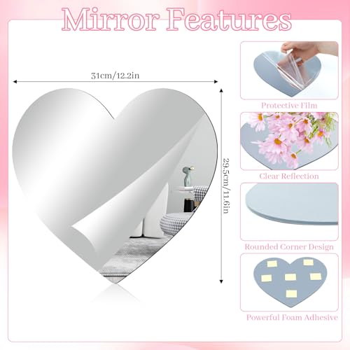 Heart Shaped Acrylic Wall Mirror - 12.2" x 11.6" Decorative Mirror