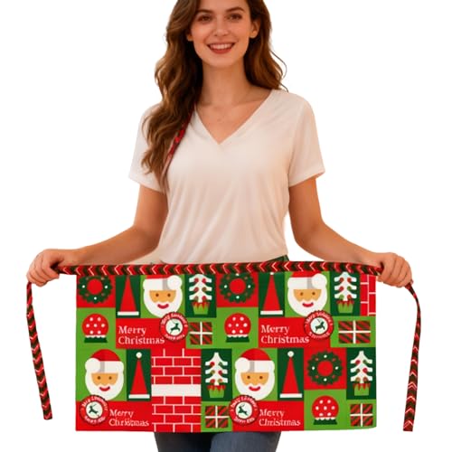 Cute Christmas Tree Waist Apron with Santa Claus Design - Waterproof Half Apron
