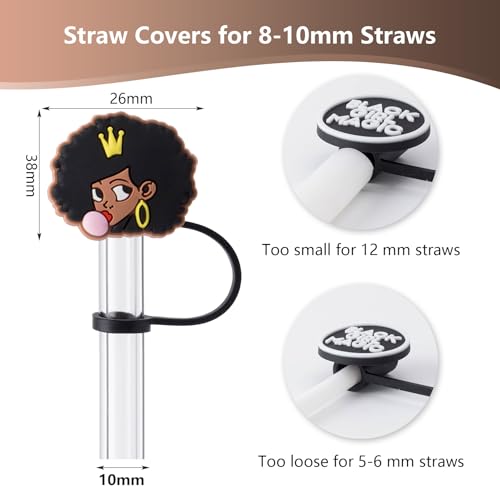 6Pcs Black Girl Straw Cover Cap for Stanley Cup Accessories, 10mm Cute Black Drinking Straw Topper for 40oz 30oz Stanley Tumbler, Dust-Proof Reusable Straw Tips Valentines Decor Gifts for Women