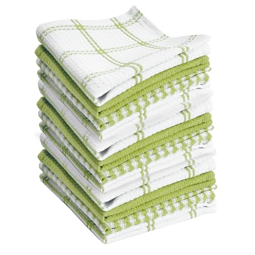 T-Fal 100% Cotton Waffle Dish Cloths - 12"x13" Absorbent Towels, Green (12-Pack)