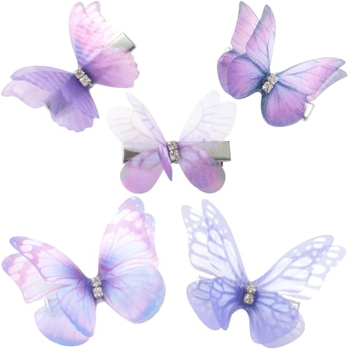 VARMDUKKE 5Pcs Purple Butterfly Hair Clips Rhinestone Organza Barrettes