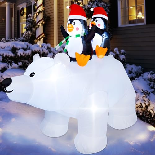 6.5 Foot Tall Christmas Inflatable Penguins on Polar Bear with LED Lights Outdoor Indoor Holiday Decoration - Penguins on Polar Bear Variant