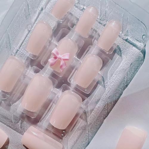 Nude Pink Bow Press on Nails Medium French False Nails 24Pcs