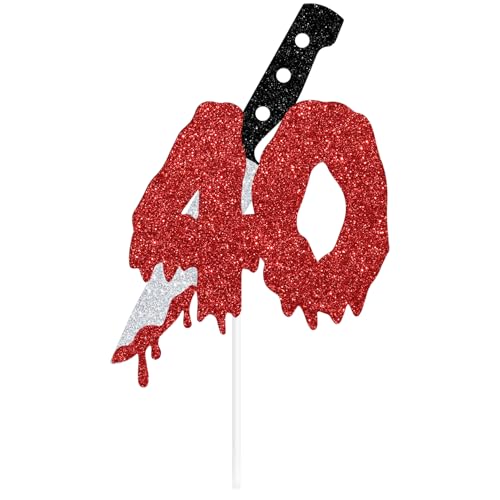 Red Glitter 40 Cake Topper with Blood Knife | Horror Party Decor