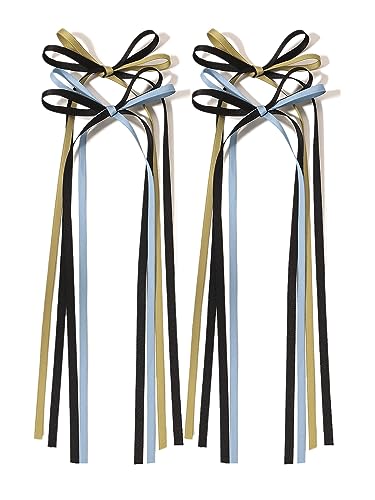 LFOUVRE Hair Bow Clips with Long Tassel Ribbon Blue (4 Pack)