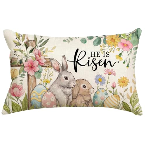Easter Bunny Pillow Cover 12x20 | He is Risen Cross Design