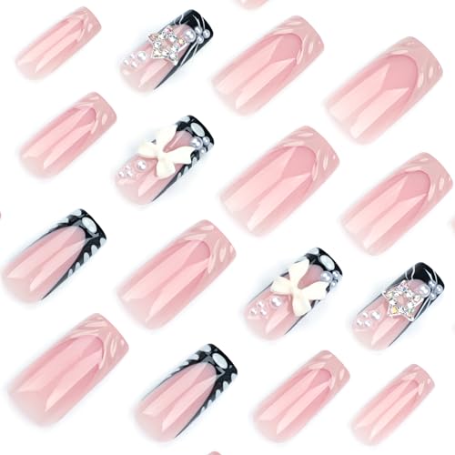 Pink Butterfly Coffin Press on Nails with Pearls and Diamond Stars