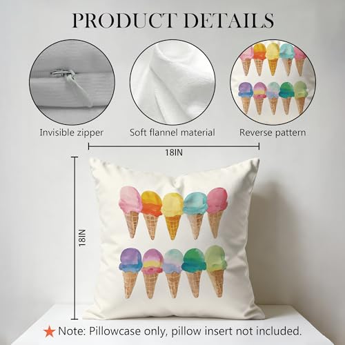 Colorful Ice Cream Throw Pillow Cover 18x18 - Double-Sided
