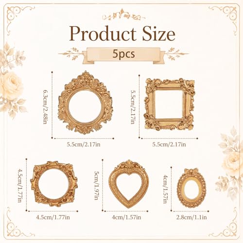 Vintage Gold Resin Mini Picture Frames - 5 Pcs for DIY Craft