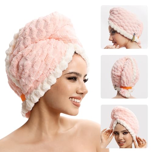 Extra Large Hair Drying Towel with Elastic Strap - Soft Coral Fleece, 19.7x31.5 inch, Pink