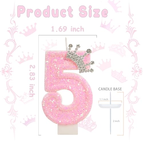 Pink Number 5 Crown Candle - Princess Birthday Decor