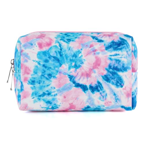 Tie Dye Blue Makeup Bag for Girls - Waterproof Travel Cosmetic Pouch
