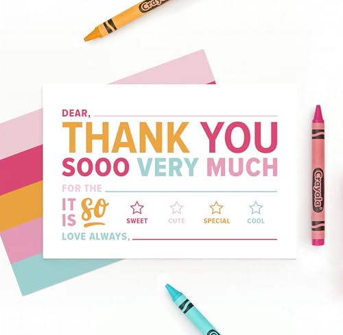 ThreeKin Collective 25-Pack Kids Fill-in-the-Blank Thank You Cards - Bright