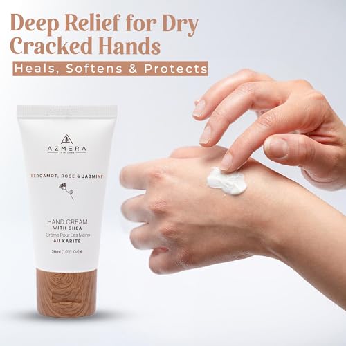 AZMERA Shea Butter Hand Cream - Ultra Hydrating Moisturizer for Dry Cracked Hands (Bergamot Rose & Jasmine, 30ml)