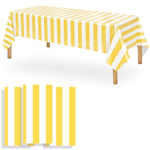 OQOQ Yellow and White Striped Disposable Tablecloths - 54x108 Inch, 3 Pack