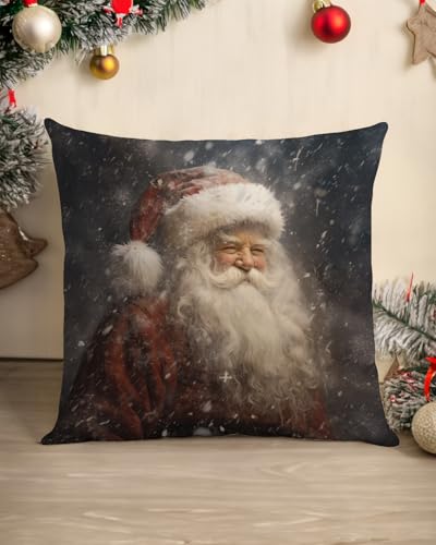 Christmas Pillow Cover 18x18 – Vintage Santa in Snowstorm (Black)