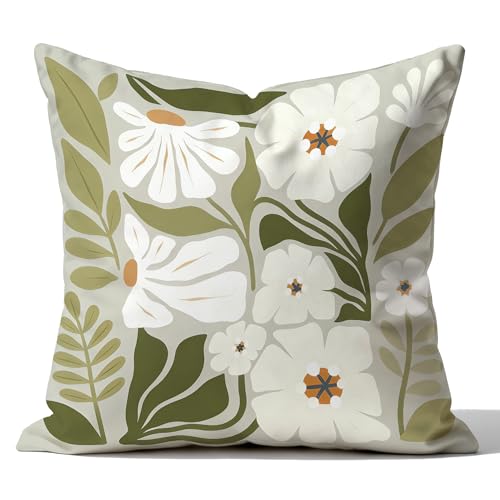 Sage Green Floral Pillow Cover 18x18 - Double-Sided Boho Decor