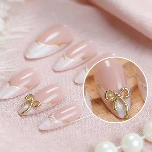 French Tip Press on Nails Medium Almond 3D Bow Fake Nails Kit